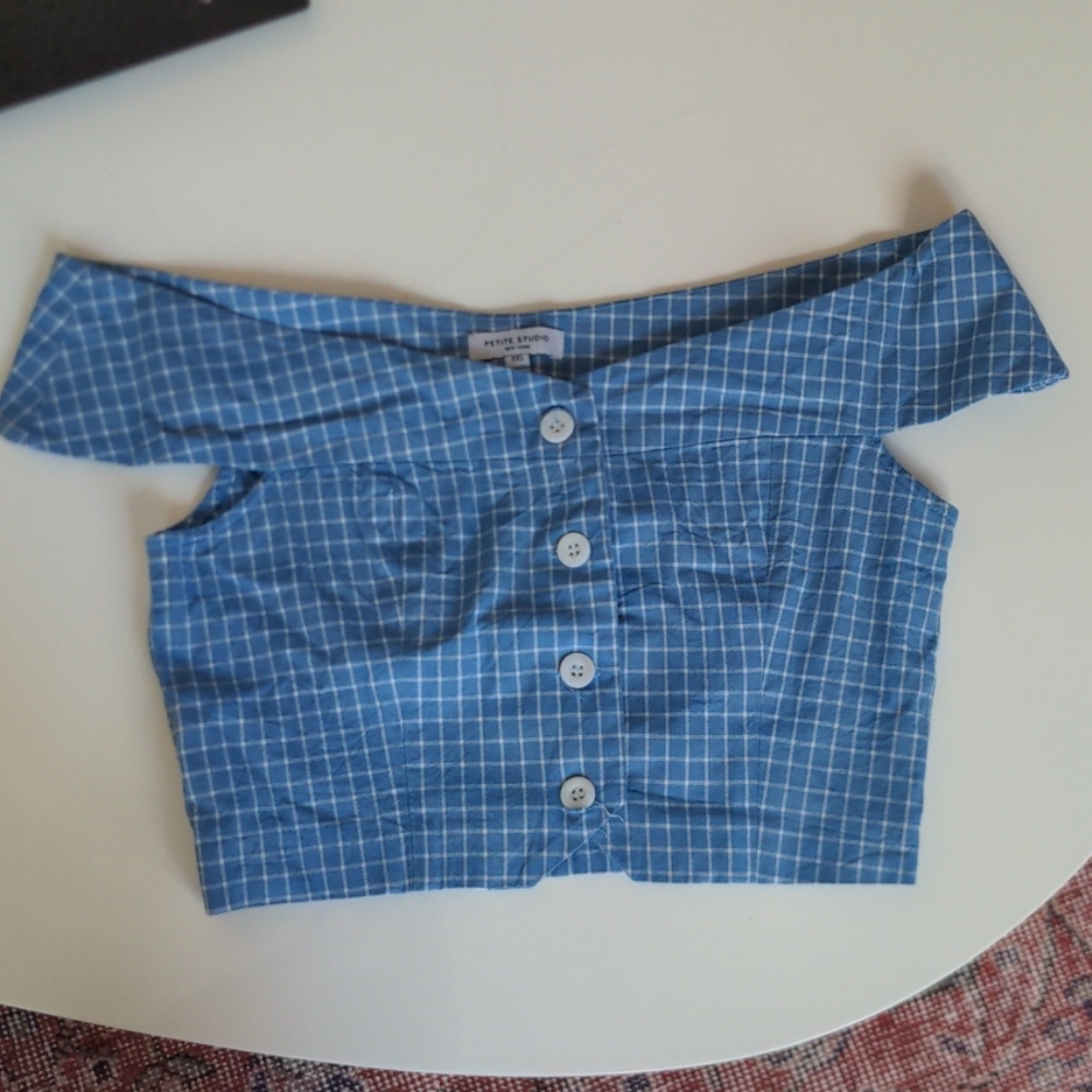 Petite Studio Off Shoulder Gingham Top